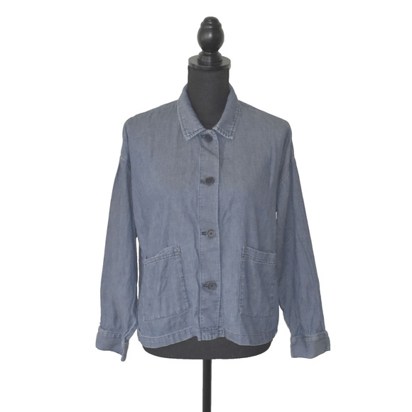А4 Auth EILEEN FISHER Blue Organic Cotton Button Up Denim Petite Jacket Size PM - Picture 1 of 6